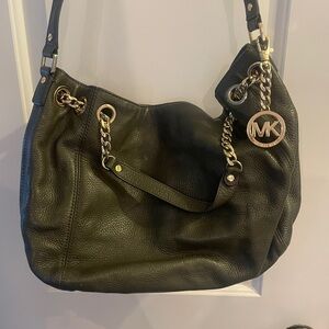 Michael Kors Olive Leather Shoulder Bag with Gold Accents